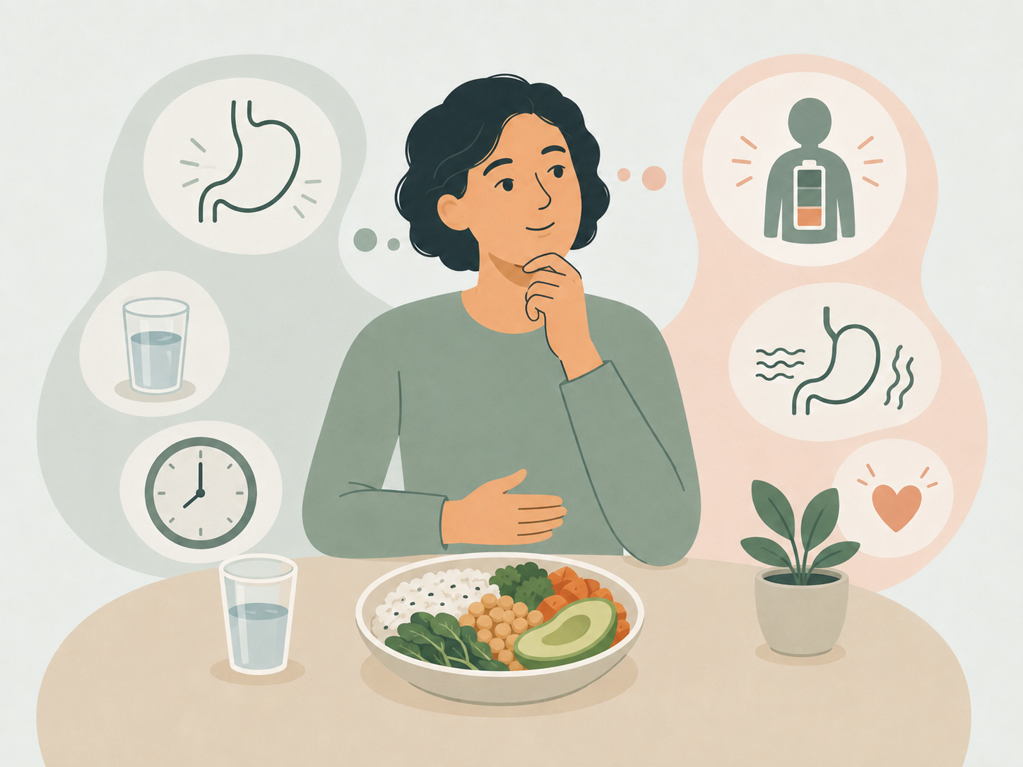 Illustration of a person pausing to consider whether they are physically hungry