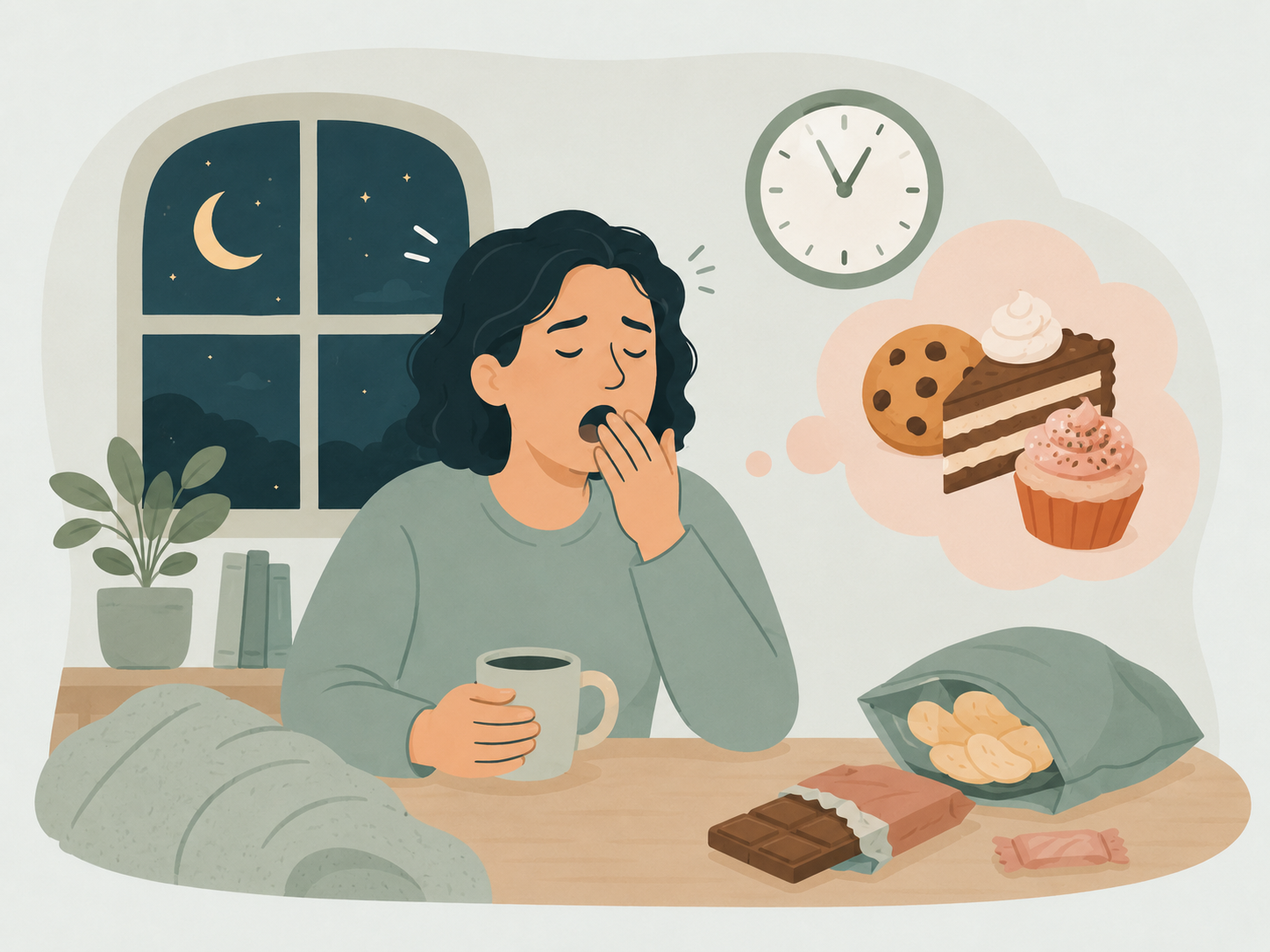 Illustration of a person looking at a snack while feeling tired, with a thought bubble showing a clock and a plate.